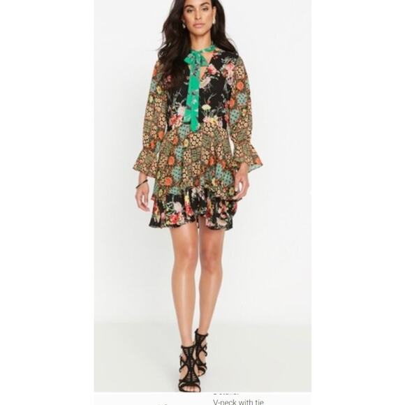 BUFFALO David Bitton tamed Floral Dress Flutter Long Sleeve Neck Tie Mini Dress - Picture 1 of 11